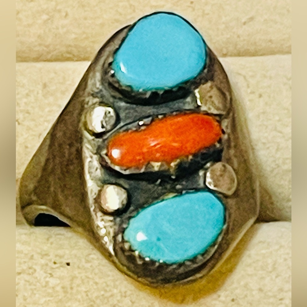 VTG Native American 2 Turquoise Coral Sterling silver  Men's Ring  Size 9